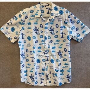 Captain Morgan Men's Cotton White Blue Graphic Short Sleeve Collar Button Sz XL